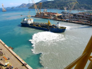 A shipyard with water pollution